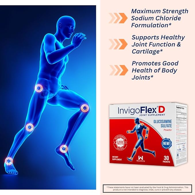 INVIGOFLEX 1500mg of Glucosamine Sulfate Powder (Classic Formulation) - Premium Joint Supplement for Knees, Hands, Back, and Hip Support D: Glucosamine Sulfate, Packets - 60 Packets