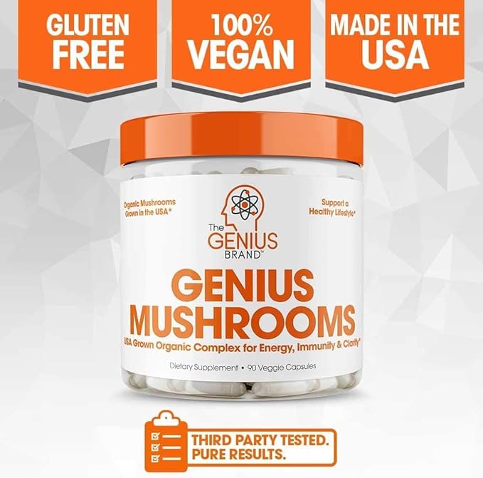 Genius Mushroom Supplement - Full-Spectrum Lion’s Mane, Cordyceps, Reishi -Daily Brain Nootropic for Energy, Focus, Memory & Overall Wellness - 90 Capsules – Organic for Mental Clarity & Performance