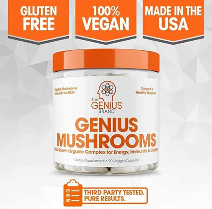 Genius Mushroom Supplement - Full-Spectrum Lion’s Mane, Cordyceps, Reishi -Daily Brain Nootropic for Energy, Focus, Memory & Overall Wellness - 90 Capsules – Organic for Mental Clarity & Performance