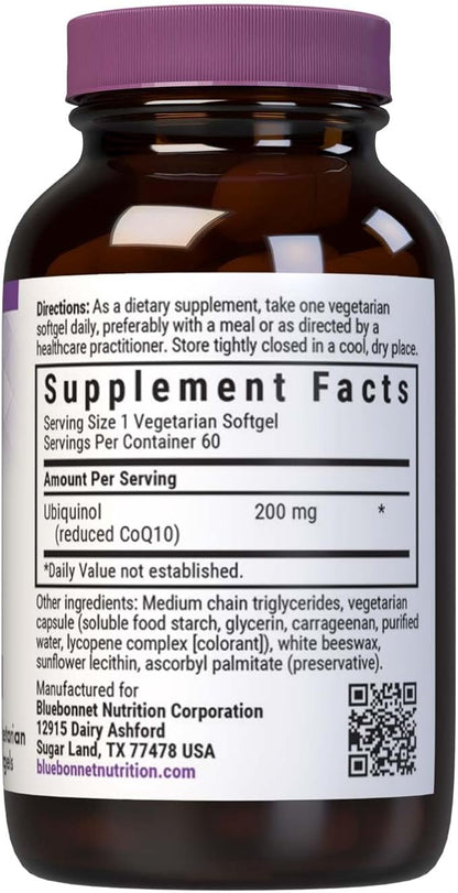 Bluebonnet Nutrition Active CoQ10 Ubiquinol 200mg Vegetarian Softgels, Heart & Cellular Health, Non GMO, Gluten, Soy & Milk Free, White, 60 Count