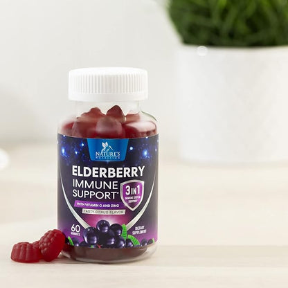 Sambucus Elderberry Immune Gummies, Daily Elderberry Immune Support Vitamins with Vitamin C, Vitamin D3, Zinc, Immune Support Gummy Vitamin Supplement, Black Elder berry for Adult & Kid - 60 Gummies