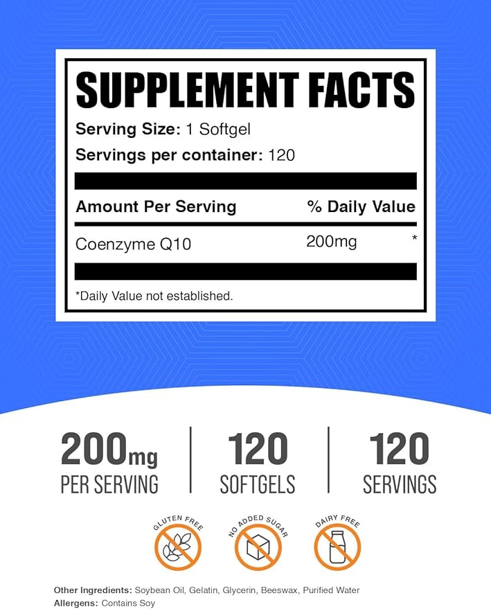 BulkSupplements.com CoQ10 200mg Softgels - for Heart Health, Coenzyme Q10 200mg Supplement, Gluten Free, 1 Softgel per Serving, 120 Count (Pack of 1)
