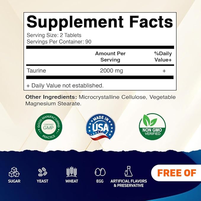 Vitamatic Taurine 2000mg Vegetarian Tablets, 180 Count, Non-GMO, Gluten Free