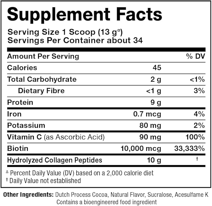 ALLMAX Nutrition Grass Fed & Pasture Raised Collagen with 10,000 mcg Biotin + 90 mg Vitamin C, Chocolate, 15.5 oz (440 g)
