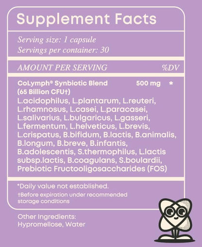 CoLymph® Daily Synbiotic Upgraded 24 Strains, 65 Billion CFU, High Potency Prebiotics + Probiotics | Non-Dairy, Supports Gut Health, Digestion, Bloating, Mood, 30 Vegan Capsules