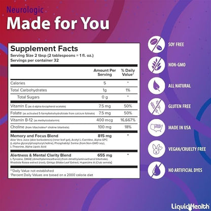 LIQUIDHEALTH Neurologic Focus Supplement - Brain Booster Nootropic Supplement for Cognitive Function, Memory & Focus with Ginkgo Biloba, Choline, L-Theanine & Phosphatidylserine - USA Made (3 Pack)