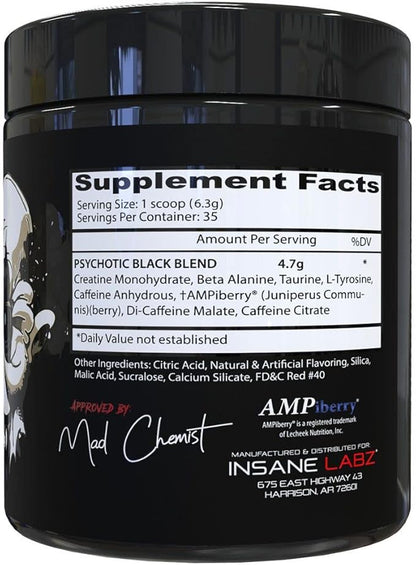 Insane Labz Psychotic Black Edition Mid Stimulant Pre Workout Powder, Energy Focus Pumps, Loaded with Creatine Beta Alanine Taurine Fueled by AMPiberry, 35 Servings (Watermelon)