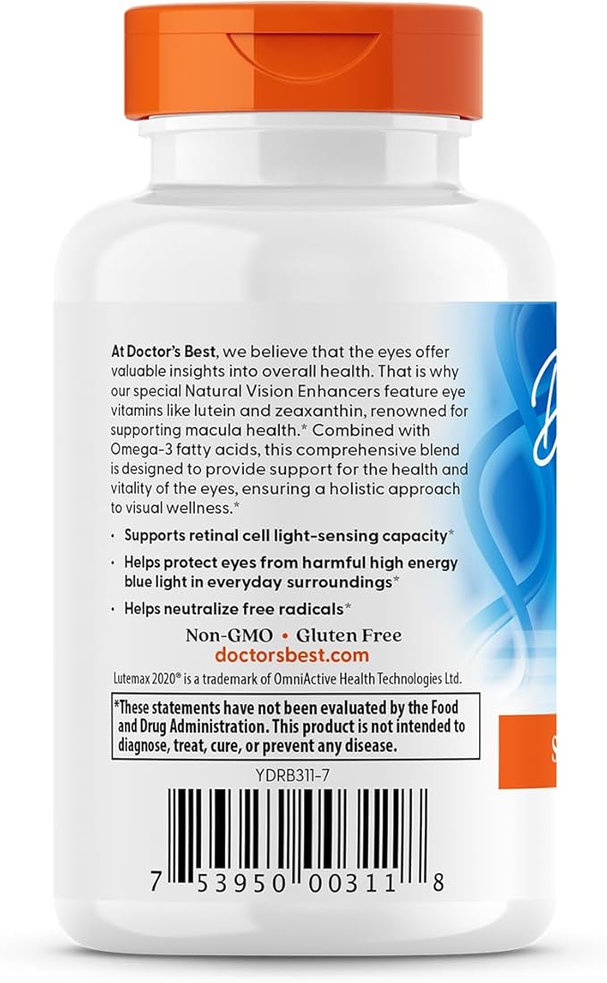 Doctor's BEST Natural Vision Enhancers contain Lutemax 2020, Supports Eye Health, Sharper Vision, Helps Filter Out Blue-Light, 60 Softgels