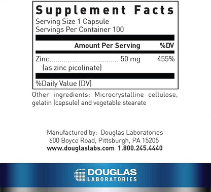 Douglas Laboratories Zinc Picolinate - 50 mg Zinc - For Immune System, Antioxidants & Skin - Trace Mineral Supplement - 100 Capsules