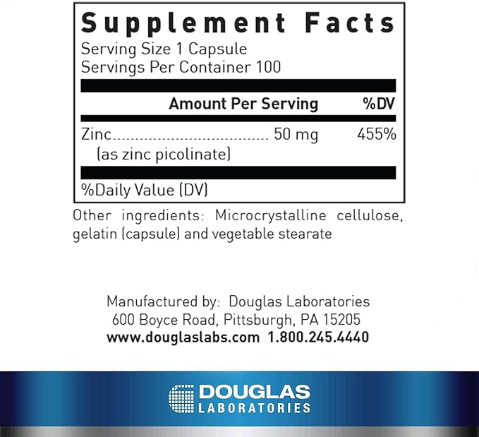 Douglas Laboratories Zinc Picolinate - 50 mg Zinc - For Immune System, Antioxidants & Skin - Trace Mineral Supplement - 100 Capsules