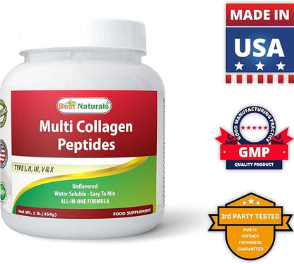Best Naturals Multiple Collagen Peptides Protein Type I, II III, V & X Collagen unflavored 1 Pound - Grass Fed & Pasture Raised - Water Soluble - Easy to Mix