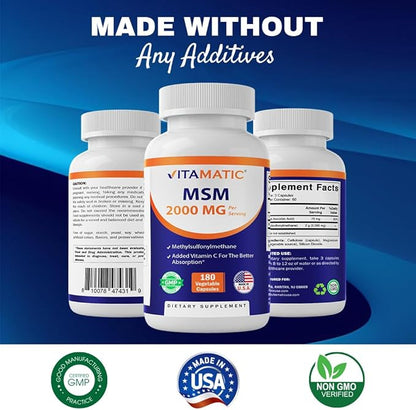 Vitamatic MSM 2000 mg with Vitamin C 75mg per Serving - 180 Veg Capsules - Vitamin C Aid in Better absopriton of MSM (Methylsulfonylmethane) - Non-GMO & Gluten Free