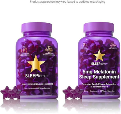 SLEEPtamin Melatonin Gummies 5mg | Infused with Chamomile & Ashwagandha for Relaxation | Promotes Restful Sleep, Balanced Mood, Stress Relief & Enhanced Relaxation | 60 Vegan Gummies