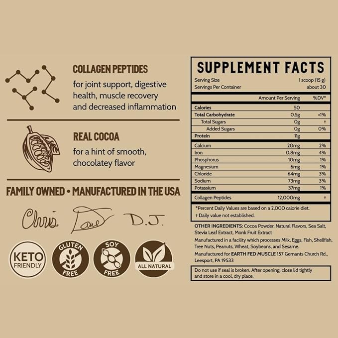 Earth Fed Muscle Keystone Plus Chocolate Collagen - Hair, Skin, Joints, 30 Servings