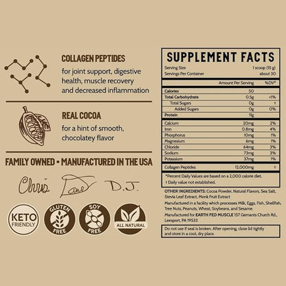 Earth Fed Muscle Keystone Plus Chocolate Collagen - Hair, Skin, Joints, 30 Servings