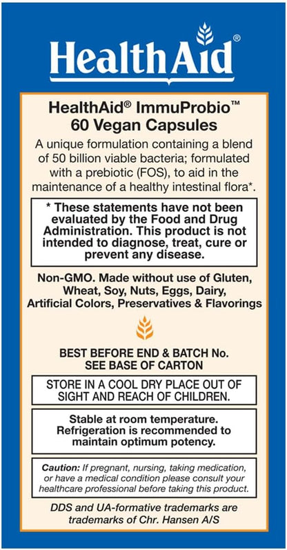 ImmuProbio 60 Caps - 50 Billion CFU with Prebiotic, Once Daily, Acid & Bile Resistant Strains, Dairy Free, Gluten Free, Vegan