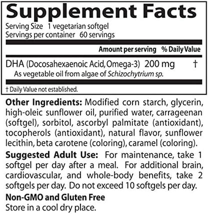 Doctors Best Vegan DHA from Algae, Supports Brain & Cardiovascular Health, Non-GMO, Gluten Free, Soy Free, Vegan 60 Veggie Softgels
