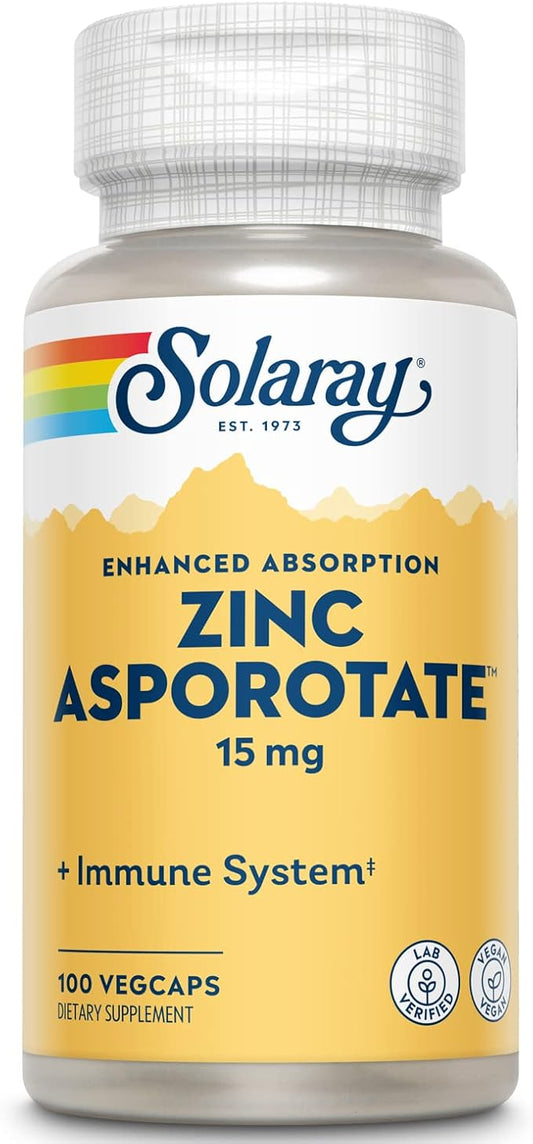 Solaray Zinc Asporotate 15mg Chelated Complex | Immune & Endocrine Support, Cell & Skin Health Formula, 100 VegCaps