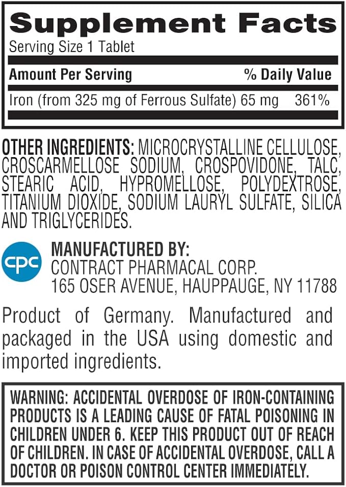 Earth's Splendor Iron 65mg USP, 325mg Ferrous Sulfate Tablets - Energy Production, Oxygen Transportation, Overall Health - 3 Month Supply