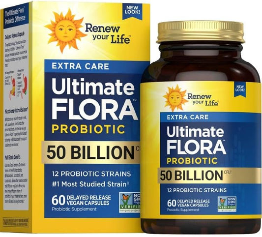 Ultimate Flora Probiotics 50 Billion CFU Delayed Release Vegan Capsules | Extra Care | Digestive Health | Immune Health | Dairy Free | 60 Count