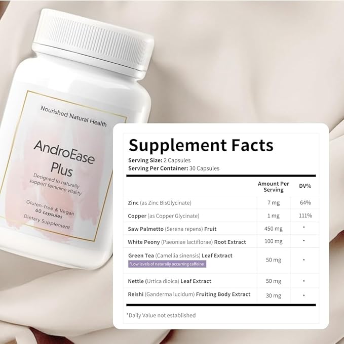 Nourished AndroEase Plus - Natural Balance Supplement for Women - Vegan Formula with Zinc & Saw Palmetto - 60 Capsules for Daily Wellness & Vitality - Made in USA