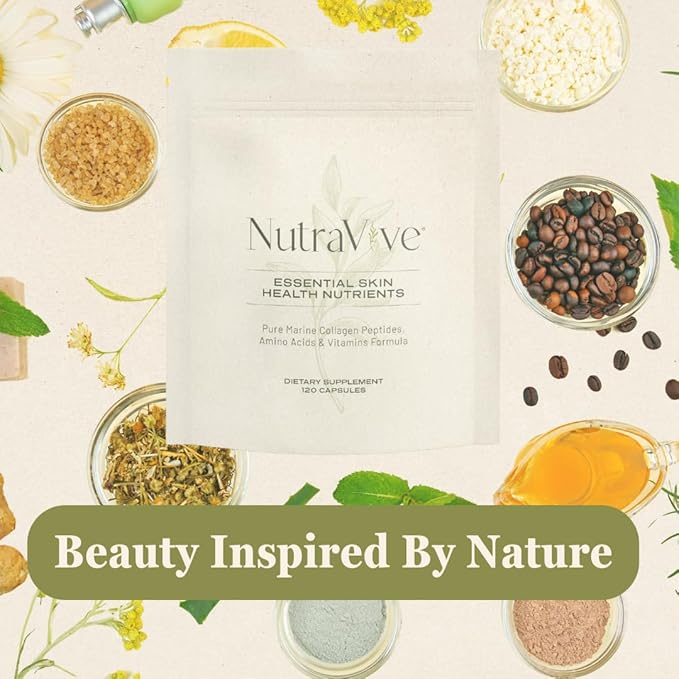 NutraVive Essential Skin Health Nutrients – Hydrolyzed Morikol® Marine Collagen Peptides, Amino Acids & Vitamins - Promote Firm, Reduce Wrinkles & Enhance Skin Elasticity - 120 Capsules