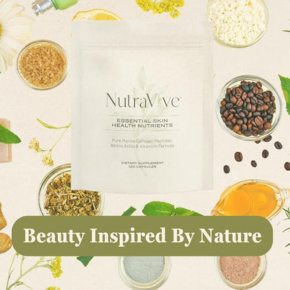 NutraVive Essential Skin Health Nutrients – Hydrolyzed Morikol® Marine Collagen Peptides, Amino Acids & Vitamins - Promote Firm, Reduce Wrinkles & Enhance Skin Elasticity - 120 Capsules