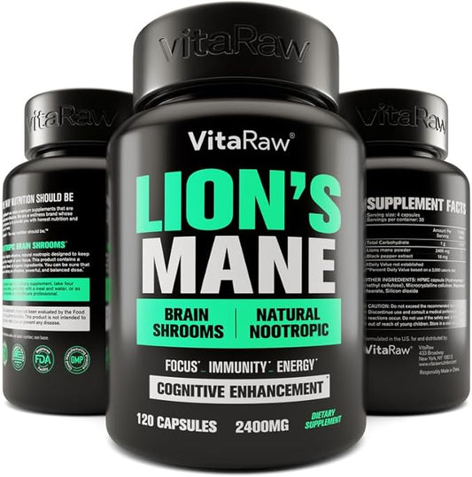 Organic Lions Mane Supplement Capsules 2400 mg - Powerful Nootropic - Helps Maintain Memory, Energy, and Mental Clarity - Vegan Brain Booster Focus Pills - Real Lion's Mane Supplement - Melena de Leon