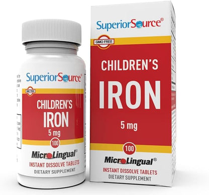 Superior Source Children?s Iron 5 mg - Ferrous Fumarate Supplement for Kids - Iron Supplement for Cell Health & Development Support - Supplement Tablets for Toddlers - 100 Instant Dissolve Tablets