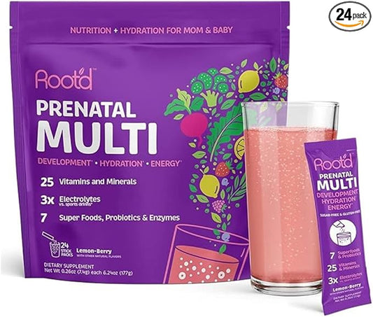Root'd Prenatal Multivitamin Powder with 3X Electrolytes - 25 Vitamins & Minerals, Folate, Iron, Vitamin D3, 7 Superfoods & Probiotics, Sugar-Free Vitamins & Hydration | 24 Vitamin Drink Mix Packets