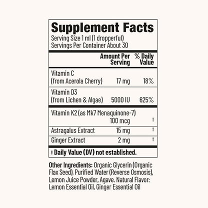 Immunity Support Herbal & Vitamin Tincture Drops – Immunity Booster with Vitamin C, D3, K2 & Powerful Adaptogens – Lemon Ginger Flavor, 30-Day Supply