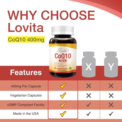Lovita CoQ10 400mg Supplements | Easliy Absorbed Coenzyme Q10 Powder | Antioxidant Co Q10 Enzyme | Support Heart Health | Vegan | 60 Capsules (Pack of 3)