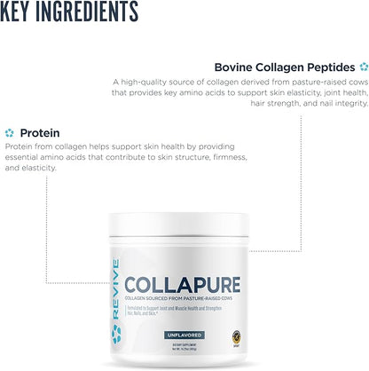 Revive MD CollaPURE Collagen Peptides Powder for Women & Men, Unflavored - Type I & Type III Grass-Fed Collagen Supplements for Hair, Skin, Nails, Bones & Joint Health - No Fillers - 30 Servings