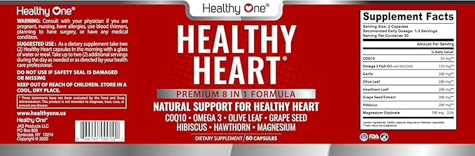 Healthy Heart - CoQ10 - Cholesterol - Circulation - Inflammation - Blood Pressure - Plaque - Cortisol - Arteries - LDL - HDL - Hawthorne - Beet Root - Garlic - Olive Leaf - Hibiscus - 120 Count