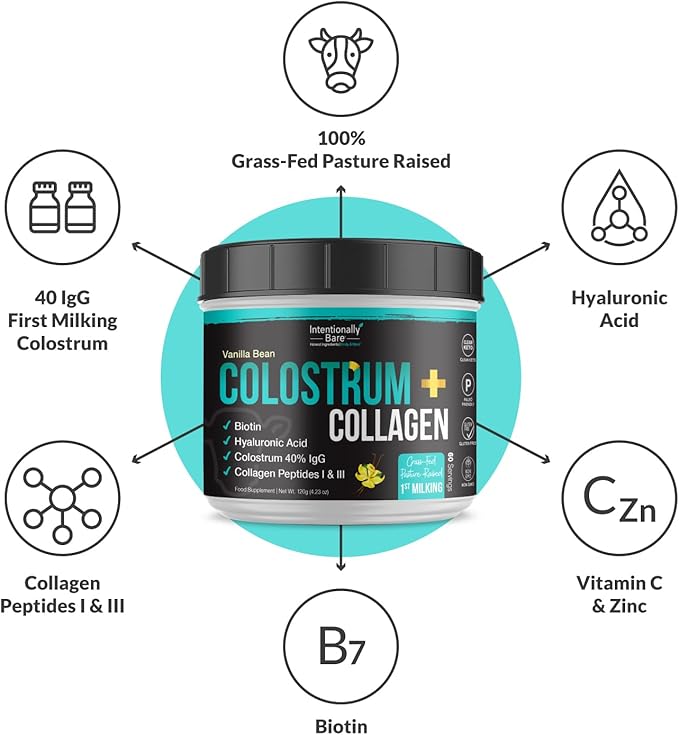 Intentionally Bare Colostrum and Collagen Powder - Colostrum Supplement with Biotin & Collagen Peptides - Colostrum Powder for Skin, Joint & Gut Health - Vanilla Bean Collagen Supplements 60 Servings