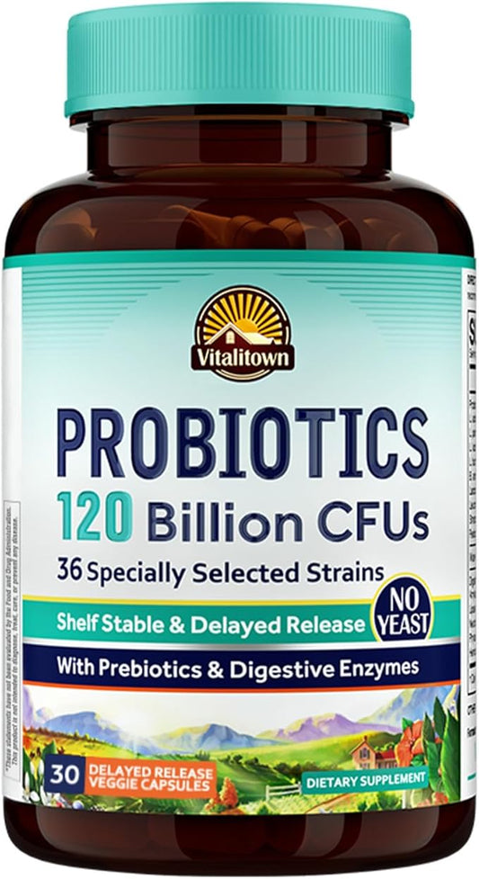 VITALITOWN Probiotics 120 Billion CFUs | 36 Strains, with Prebiotics & Digestive Enzymes for Men Women | Shelf Stable | Digestive Health & Immune Support | Vegan, Non-GMO | 30 Delayed Release Veg Caps