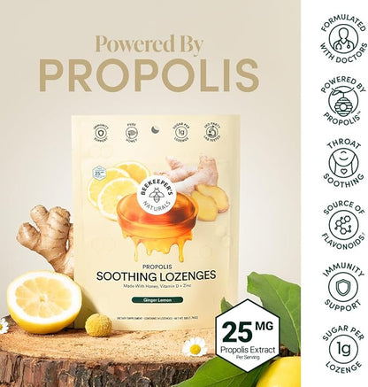 Beekeeper's Naturals Soothing Honey Ginger Lemon Cough Drops - Immune Support with Vitamin D, Zinc and Propolis Throat Soothing Lozenges, 14 Ct