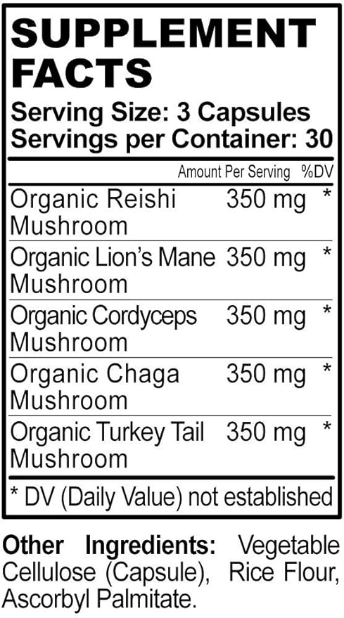 5 Mushrooms Reserve Blend Mushroom Supplement - Lions Mane, Turkey Tail, Reishi, Chaga, Cordyceps - Immune System, Brain, Cognition, Energy, Mood Support