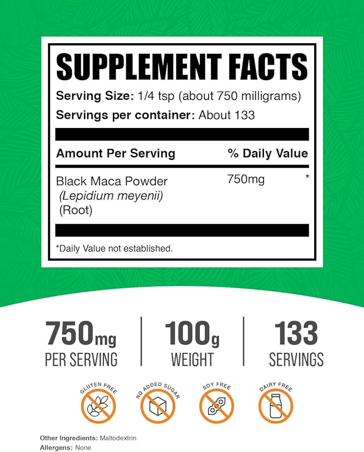 BulkSupplements.com Black Maca Powder - Maca Supplement, from Black Maca Root - Black Raw Maca, for Men & Women - Vegan, Gluten Free, 750mg per Serving, 100g (3.5 oz) (Pack of 1)
