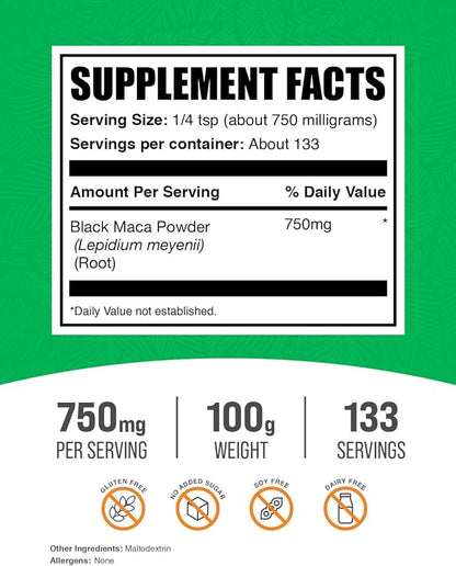 BulkSupplements.com Black Maca Powder - Maca Supplement, from Black Maca Root - Black Raw Maca, for Men & Women - Vegan, Gluten Free, 750mg per Serving, 100g (3.5 oz) (Pack of 1)
