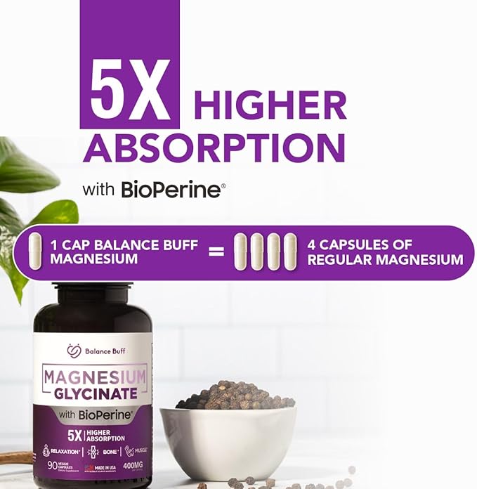 Magnesium Glycinate 400mg - 5X Higher Absorption - Support Stress Relief, Sleep, Bone Health - 100% Chelated - Pure Magnesium Supplement - 90 Veggie Capsules