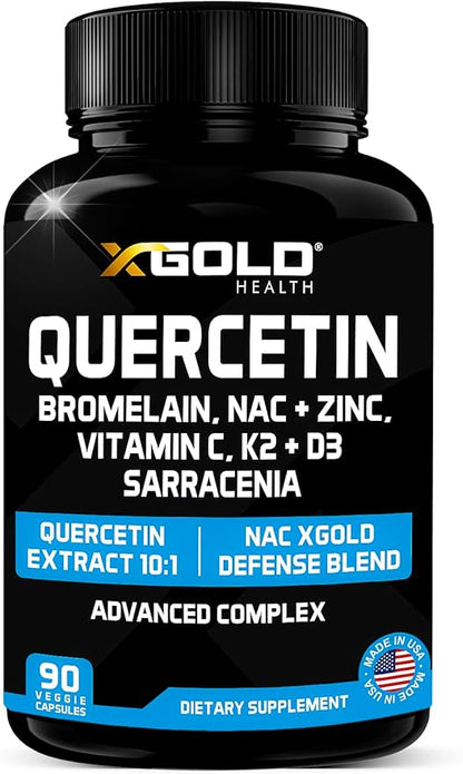 X Gold Health Quercetin Complex | XGold Defense Blend: Immune Support with 10:1 Quercetin Extract, Bromelain, NAC, Zinc, Vitamin C, K2 + D3, Elderberry, Turmeric, Ginger, and More