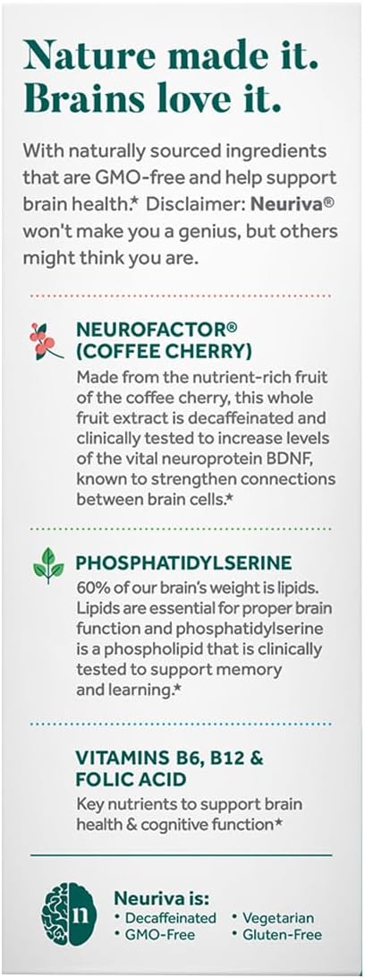 NEURIVA Plus Brain Supplement for Memory, Focus & Concentration + Cognitive Function with Clinically Tested Nootropics Phosphatidylserine and Neurofactor, VIT B6 & B12, 30 Count Capsules (2 Pack)
