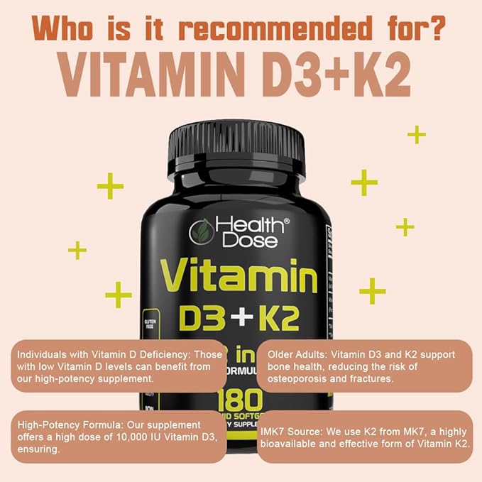 Vitamin D3 10,000 IU + K2 (MK7) Supplement, 2-in-1 Formula, Immune Support, a Healthy Mood, Heart, Joint, Teeth, Bone Health, Calcium Absorption, 180 softgels. (2)