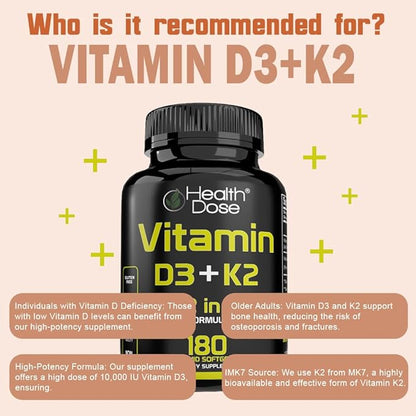 Vitamin D3 10,000 IU + K2 (MK7) Supplement, 2-in-1 Formula, Immune Support, a Healthy Mood, Heart, Joint, Teeth, Bone Health, Calcium Absorption, 180 softgels. (2)