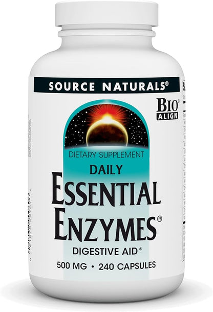 Source Naturals Essential Enzymes 500mg Bio-Aligned Multiple Enzyme Supplement Herbal Defense for Digestion, Gas, Constipation & Bloating Relief - Supports Immune System - 240 Capsules