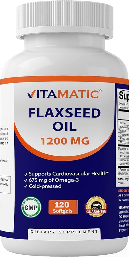 Vitamatic Flaxseed Oil 1200 mg – 120 Softgels Cold-Pressed Flaxseed Oil with 675 mg ALA Omega-3 – Supports Heart Health & Overall Wellness