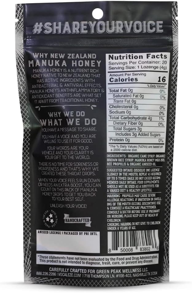Vocal Eze Manuka Honey Aniseed UMF 10+ (MGO 265+) Menthol-Free Cough Drops (20) | Lozenges to Relieve Sore, Hoarse, Fatigue, Dryness of Throat | Voice Support, All Natural and Organic Ingredients