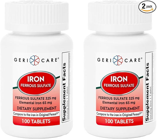 GeriCare Ferrous Sulfate Tablets 325mg, Elemental Iron 65 mg High Potency Iron Supplement | Dietary Supplement 100 Count. (Pack of 2)