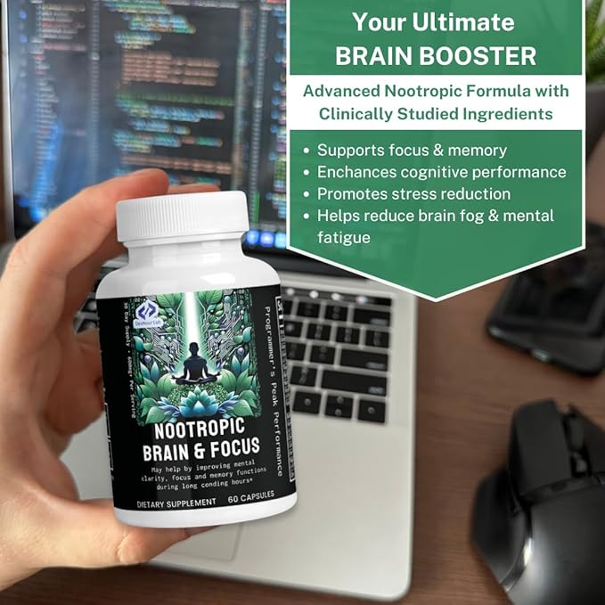 Nootropic Brain Supplements for Memory & Focus with GABA, Green Tea Extract, Bacopa monnieri, DMAE, Phosphatidylserine | Supports Mental Clarity & Cognitive Function | Vitamin B6 - 60 Capsules